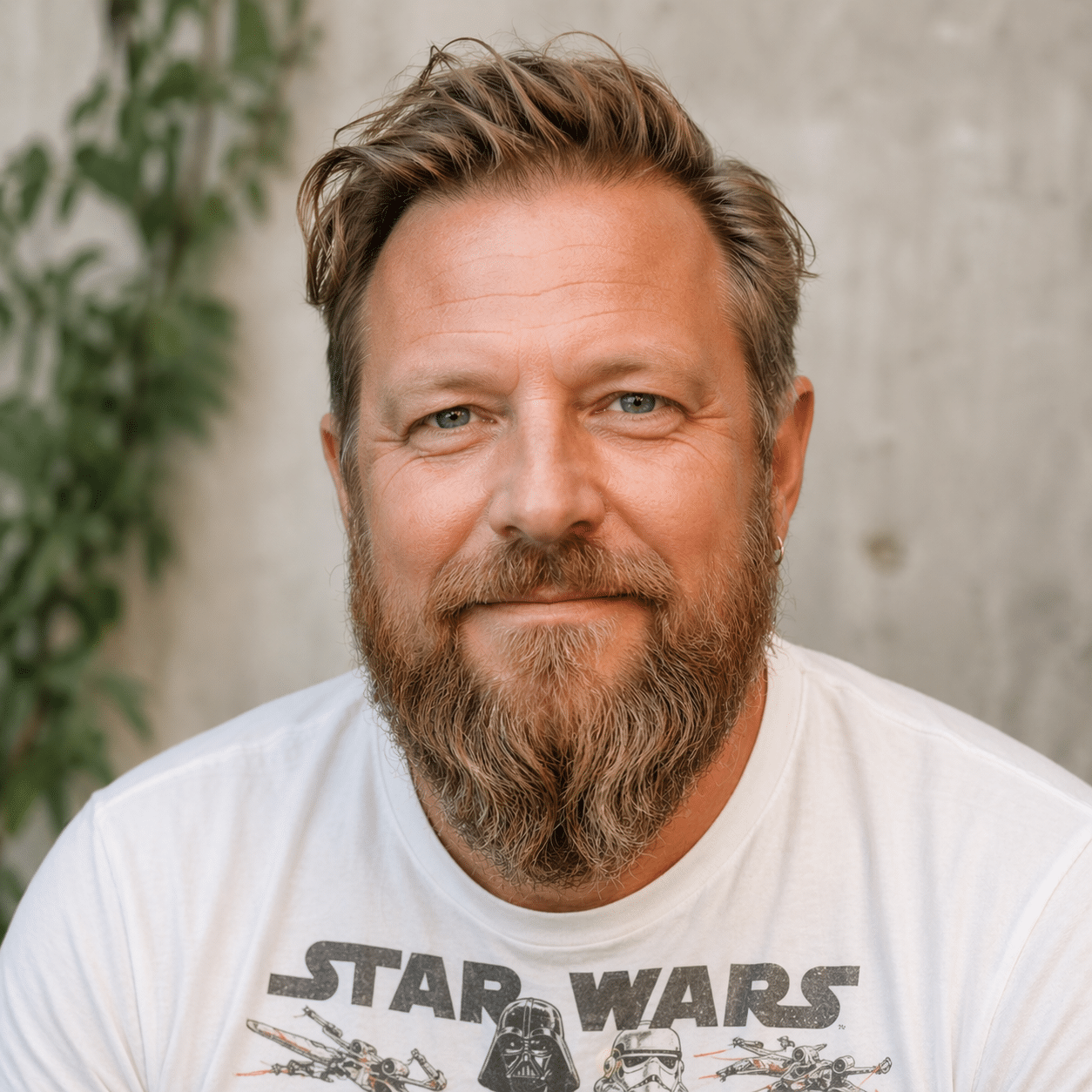 Bearded man wearing Star Wars T-shirt portrait