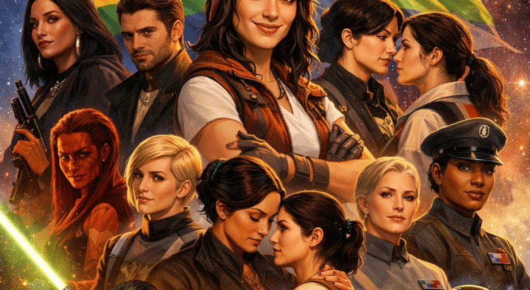 Illustrated Star Wars-inspired header image featuring LGBTQ+ characters against a galaxy background with pride colors and bold title text.