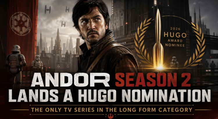 Promotional header image for Andor Season 2 showing Cassian Andor with a 2026 Hugo Award nominee graphic and headline text about the series landing a Hugo nomination.