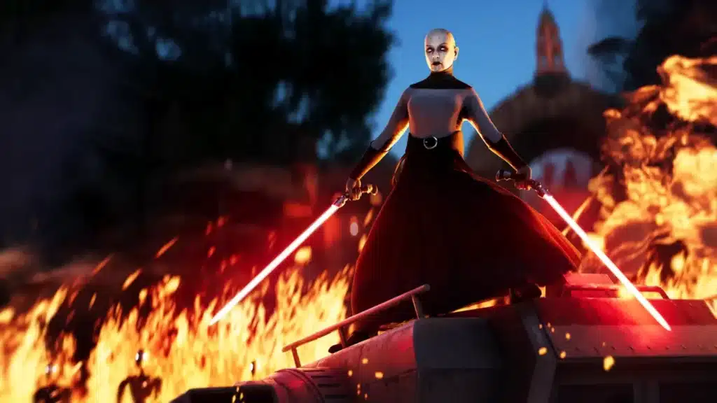 Asajj Ventress stands atop an armored vehicle with two red lightsabers as flames rage behind her in Star Wars Battlefront II hero artwork