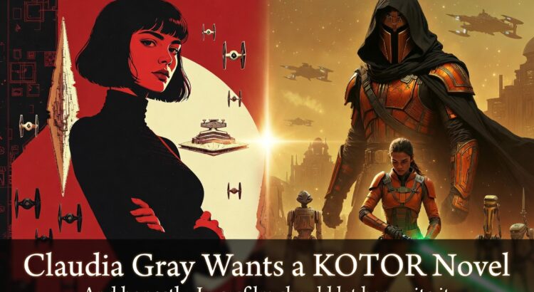 Editorial Star Wars header image inspired by Claudia Gray and Knights of the Old Republic with dramatic split composition and title text about a KOTOR novel