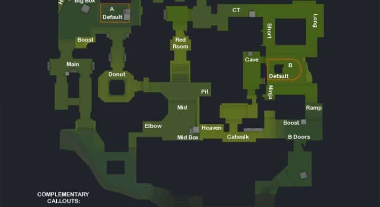Counter-Strike 2 Ancient map callouts showing CT spawn, T spawn, A site, B site, mid, cave, donut, and temple