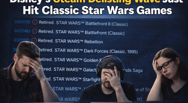 Header image showing sad gamers reacting to classic Star Wars games being delisted from Steam