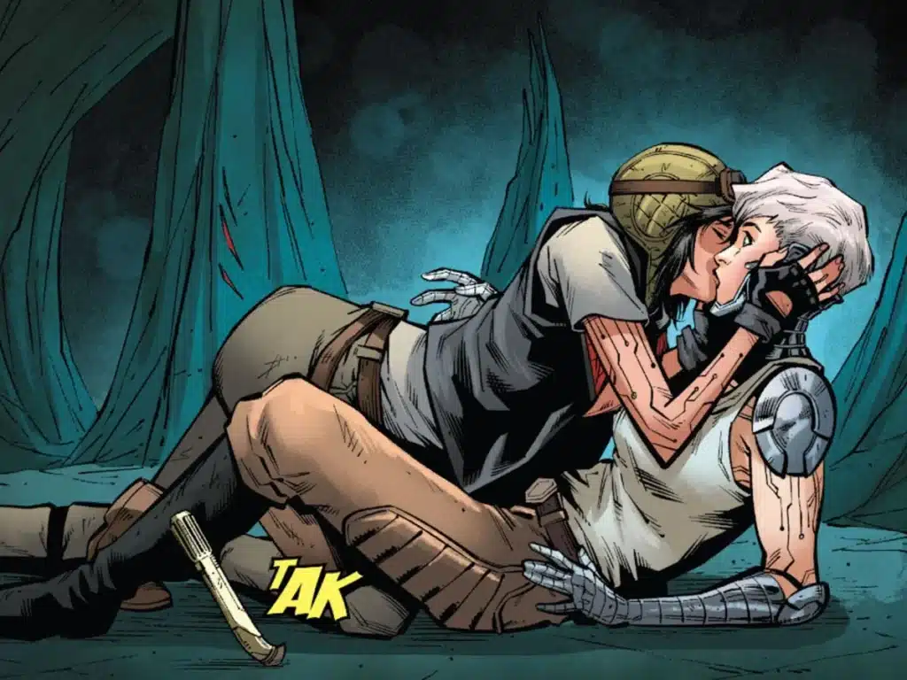 Comic-style couple kissing on cave floor