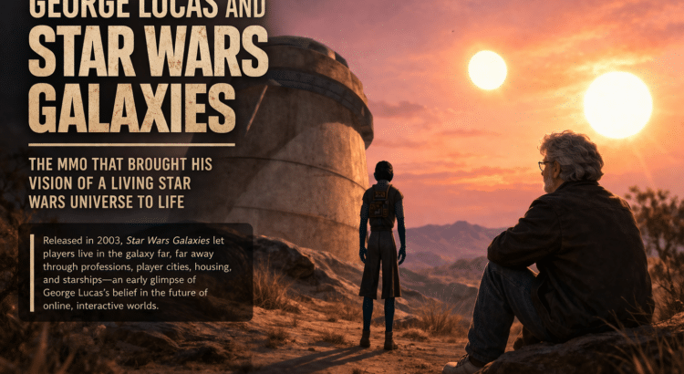 George Lucas and Star Wars Galaxies header image showing a desert twin-sun scene with a player character and George Lucas in the background
