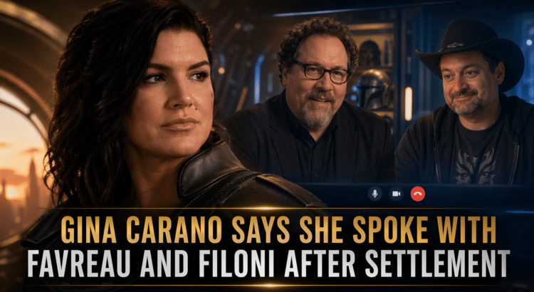 Header image showing Gina Carano with Jon Favreau and Dave Filoni in a video call style layout for a Star Wars news article