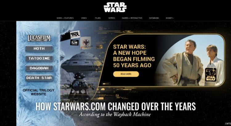 Header image showing the evolution of StarWars.com from a retro 1990s website design to a modern Disney-era homepage inspired by the Wayback Machine