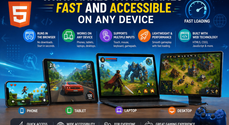 Infographic showing HTML5 games running across phone, tablet, laptop, and desktop with fast browser-based gameplay