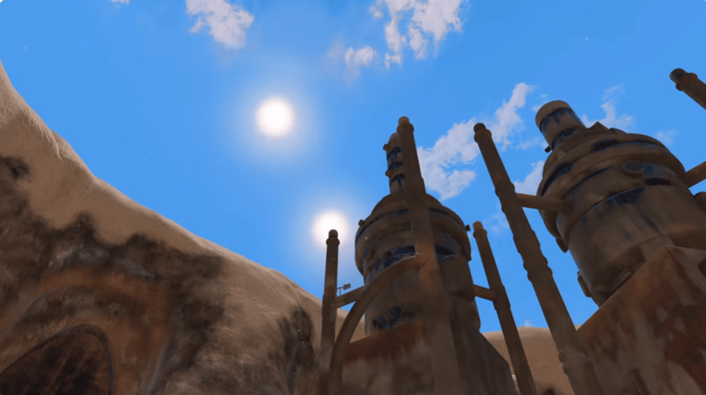 Twin suns over desert sci-fi structures