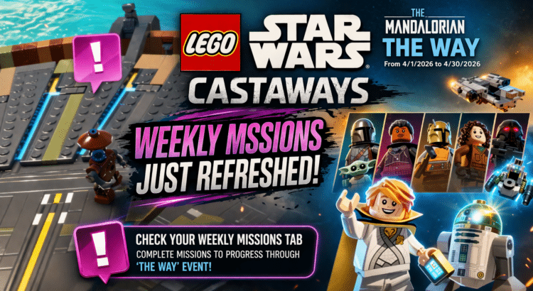 Colorful LEGO Star Wars Castaways header image showing Weekly Missions refreshed for The Way event with Mandalorian-themed rewards