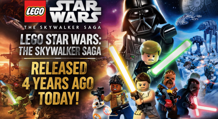LEGO Star Wars The Skywalker Saga anniversary header image featuring Darth Vader, Luke Skywalker, Rey, Finn, Chewbacca, and Kylo Ren