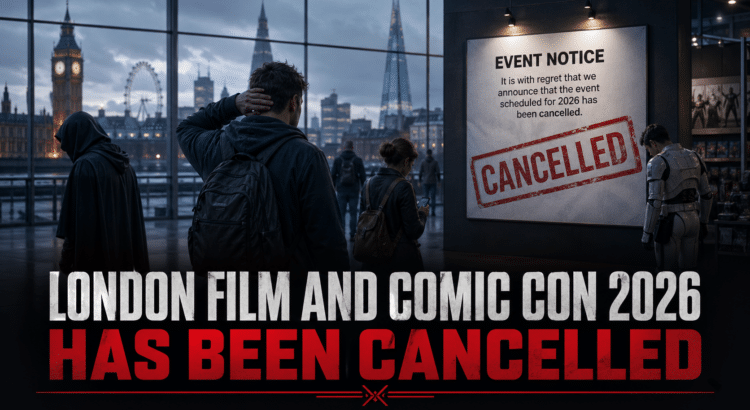 Header image showing disappointed convention fans in London with a large cancellation notice for London Film and Comic Con 2026