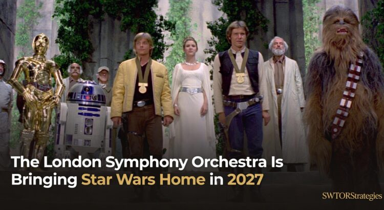 Classic Star Wars medal ceremony scene used as a header for an article about the London Symphony Orchestra performing the original trilogy scores in 2027.