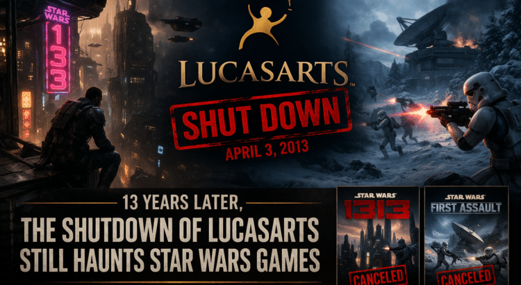LucasArts shutdown anniversary header image featuring Star Wars 1313 and First Assault cancellation imagery