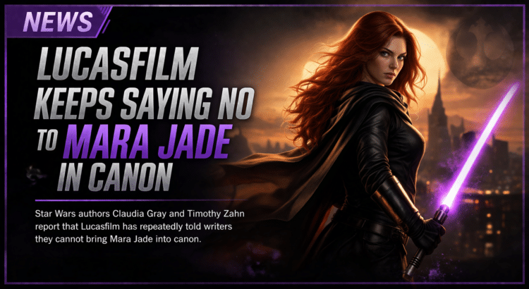 News-style header image of Mara Jade with a purple lightsaber and the headline Lucasfilm Keeps Saying No to Mara Jade in Canon
