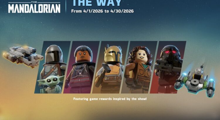 LEGO Star Wars Castaways The Way Mandalorian event image showing character rewards and event dates for April 2026