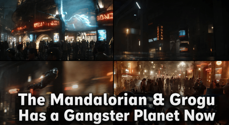 Futuristic neon city with Mandalorian flying overhead