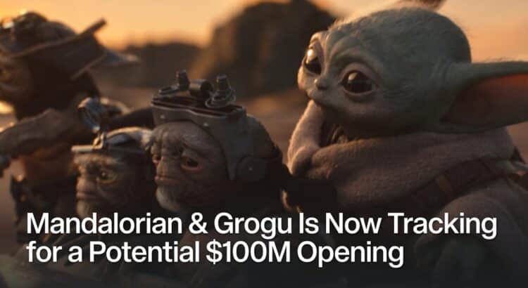 Header image showing Grogu and companions with headline text about The Mandalorian and Grogu tracking for a potential 100 million dollar opening