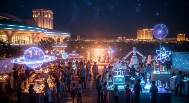 Families exploring a sci-fi themed outdoor science event in Las Vegas with glowing exhibits and interactive displays at night
