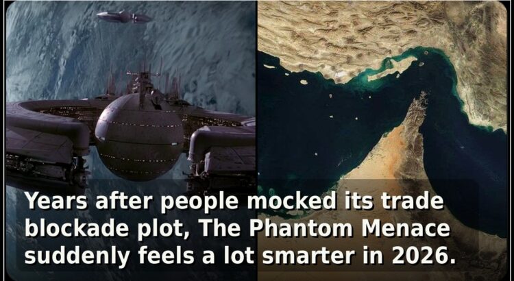 Header image comparing the Naboo blockade in The Phantom Menace with a real-world maritime chokepoint, with editorial quote text overlay