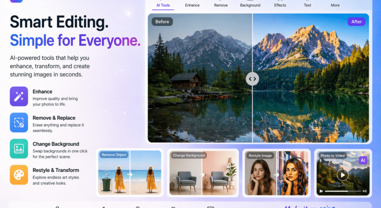 PicEditor AI interface showing beginner-friendly photo editing tools with before and after image transformations