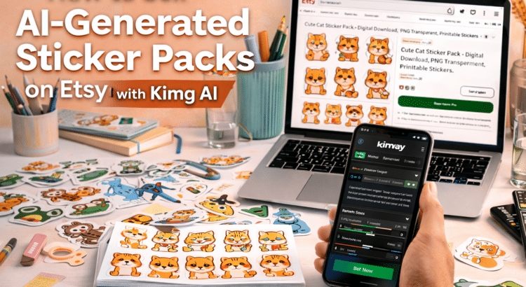 Workspace showing AI-generated sticker packs for Etsy