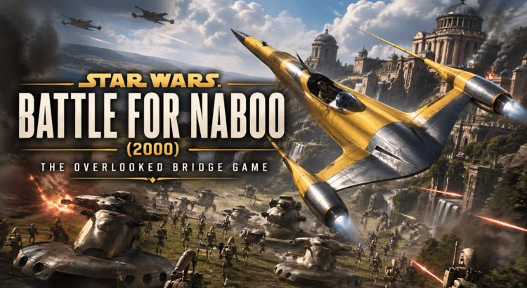 Header image for Star Wars: Battle for Naboo (2000) showing a yellow Naboo starfighter flying above a large battle with tanks, droids, and the city of Theed in the background.