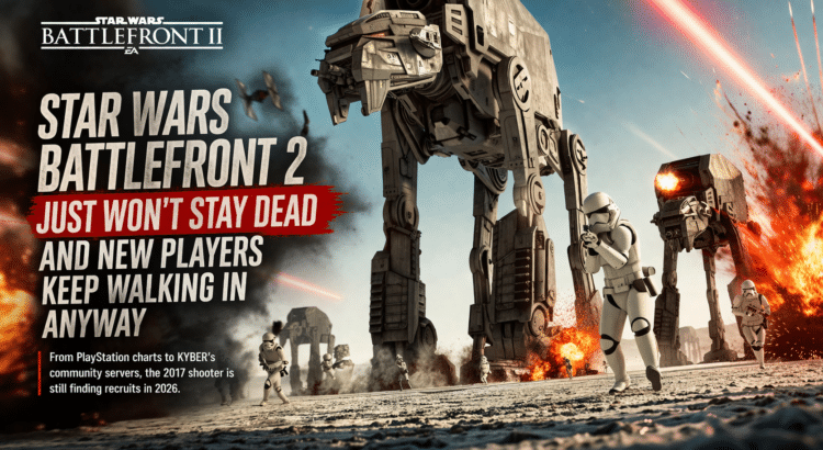Cinematic Star Wars Battlefront 2 header image showing AT-AT walkers, stormtroopers, explosions, and headline text about the game still attracting new players in 2026