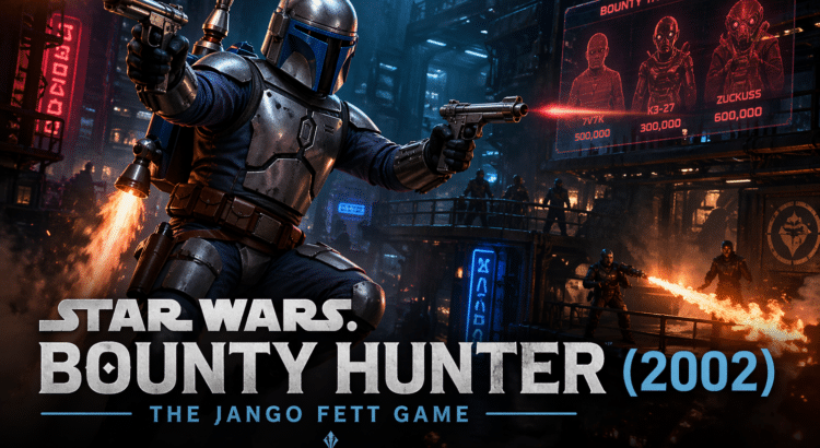 Header image for Star Wars: Bounty Hunter (2002) showing Jango Fett in a neon-lit underworld firefight with bounty target displays in the background.