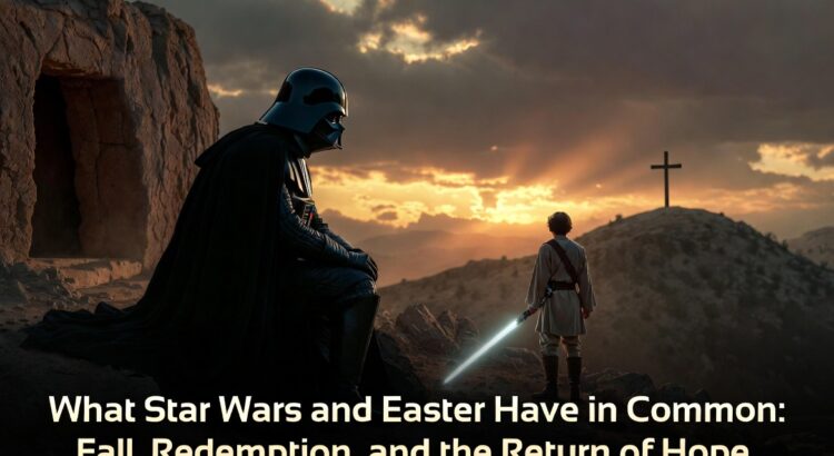 Cinematic Star Wars-inspired Easter header image showing a fallen dark warrior, a Luke-like hero with a blue lightsaber, and symbols of redemption and hope at sunset