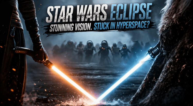 Cinematic Star Wars Eclipse header image showing two lightsabers crossing in a misty battlefield with shadowy figures in the background and bold headline text