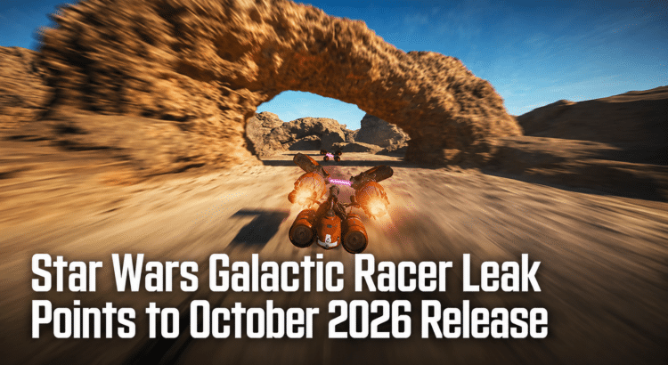 Podracer speeding through desert arch in Star Wars game
