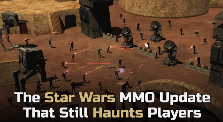 Star Wars Galaxies battle scene with stormtroopers, AT-ST walkers, and blaster fire, used for an article about the Combat Upgrade anniversary.