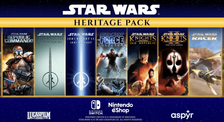 Star Wars: Heritage Pack promotional image showing classic games including Republic Commando, Jedi Academy, Jedi Outcast, The Force Unleashed, KOTOR, KOTOR II, and Racer.
