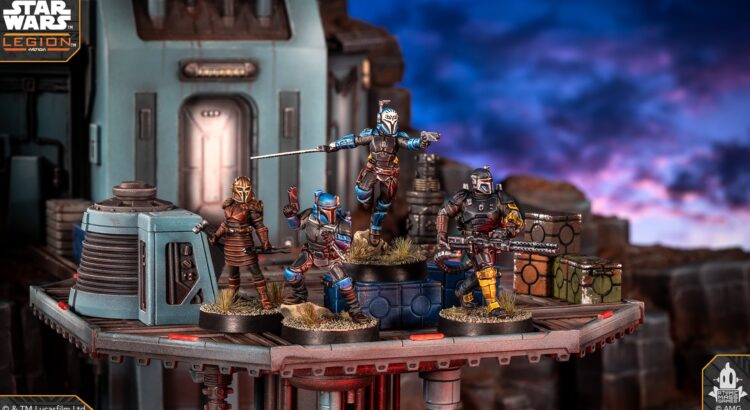 Star Wars Legion Mandalorian miniatures on sci-fi platform