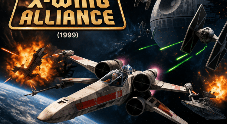 Star Wars X-Wing Alliance 1999 header image showing an X-wing in a cinematic space battle with subtitle text at the bottom