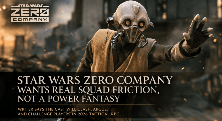 Promotional header image for Star Wars Zero Company featuring a masked character in a war-torn setting with headline text about squad friction and leadership