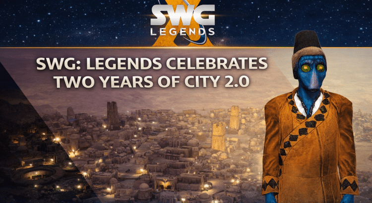 SWG Legends header image celebrating two years of City 2.0 with a player city backdrop and a mayor character in the foreground