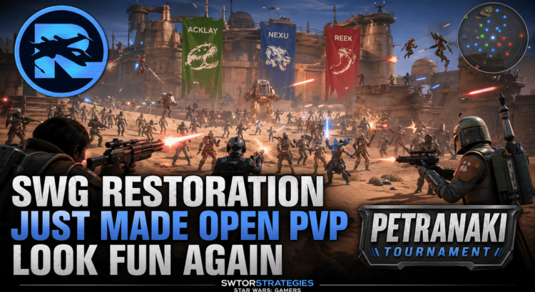 Epic battle scene from Star Wars Galaxies Restoration showing the Petranaki Tournament PvP event with Acklay, Nexu, and Reek team banners.