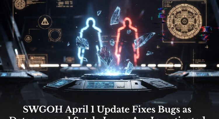 SWGOH April 1 2026 update header image showing a holographic datacron-style interface and investigation-themed Star Wars visual design