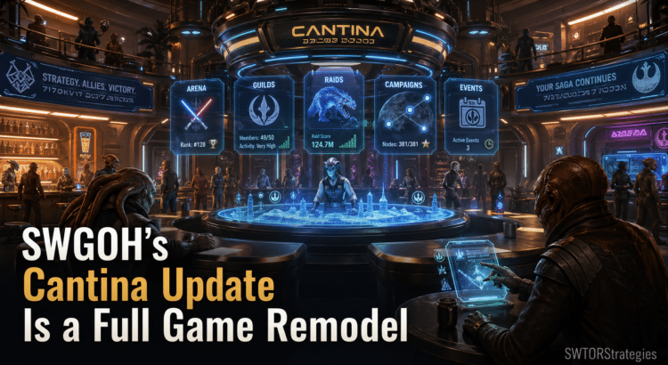 Star Wars: Galaxy of Heroes-inspired cantina hub with holographic tables showing Arena, Guilds, Raids, Campaigns, and Events updates.