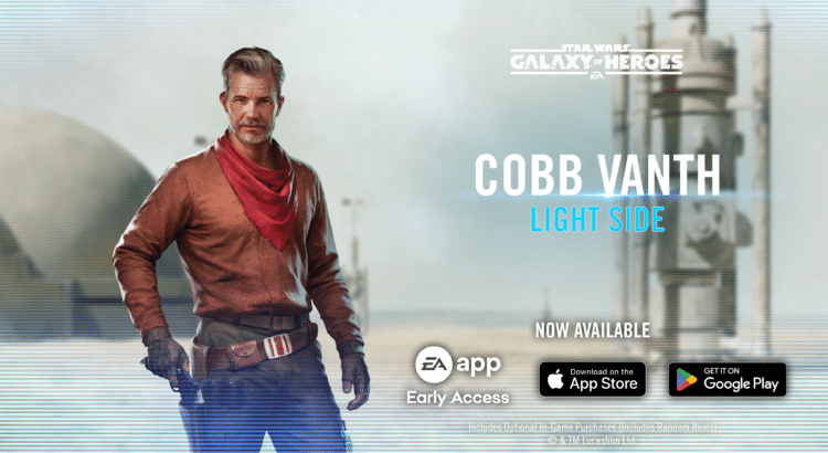 Cobb Vanth promotional image for Star Wars Galaxy of Heroes showing the new Light Side character in front of a Tatooine-style backdrop