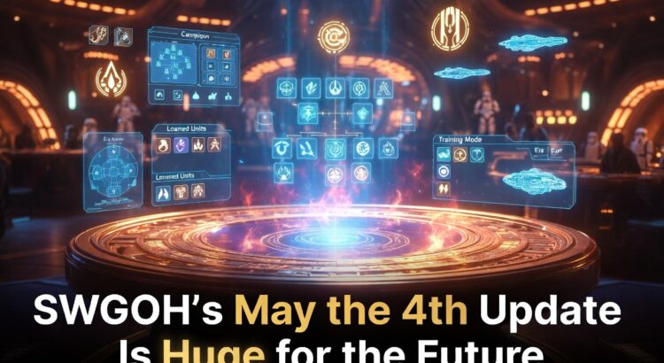 Star Wars: Galaxy of Heroes-inspired cantina hub with holographic tables, Era updates, Training Mode, Loaned Units, and Fleet strategy visuals.