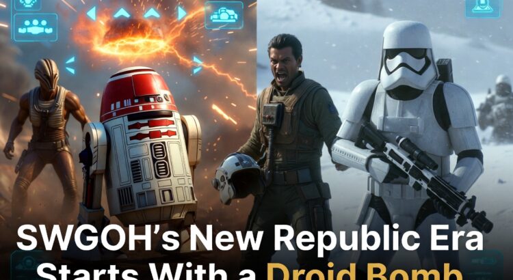Star Wars: Galaxy of Heroes-inspired header image showing R5-D4, Zeb Orrelios, Captain Carson Teva, and Snowtrooper Commander for the New Republic kit reveals.