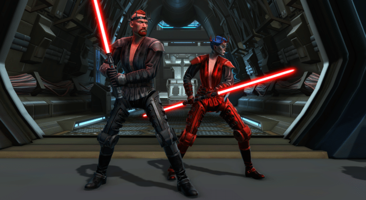 Two Sith-style SWTOR characters wearing Bionic Overlord armor and holding red lightsabers inside a futuristic starship corridor