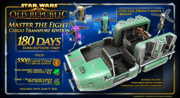 SWTOR Master the Fight Cargo Transport Edition bundle featuring the GDU CGL Droid Carrier Mount and subscription rewards