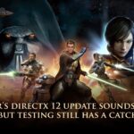 SWTOR-themed editorial header image with overlaid headline text about the DirectX 12 update and testing delay
