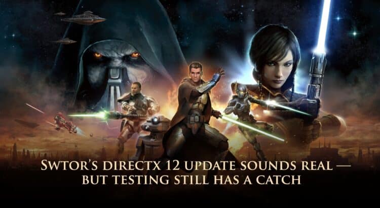 SWTOR-themed editorial header image with overlaid headline text about the DirectX 12 update and testing delay
