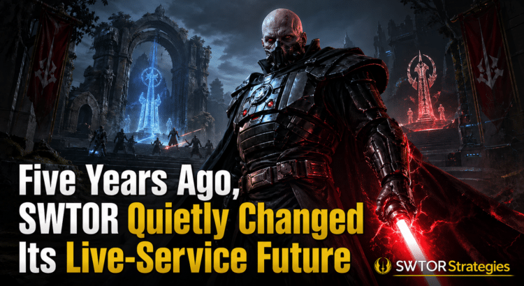 Darth Malgus stands in a ruined Jedi enclave with blue lightsaber energy, representing SWTOR Game Update 6.3: The Dark Descent.