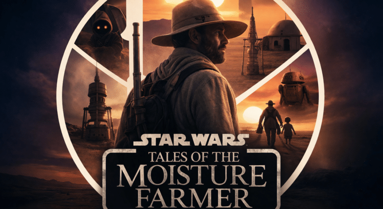 Cinematic Star Wars-inspired poster image for Tales of the Moisture Farmer showing a desert farmer, vaporators, and twin suns in a Disney+ style layout